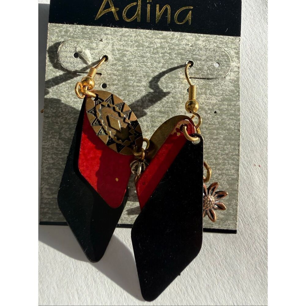 Adina Women's Signed Metal Drop Earrings Red Black One Size Fashion Jewelry NWT